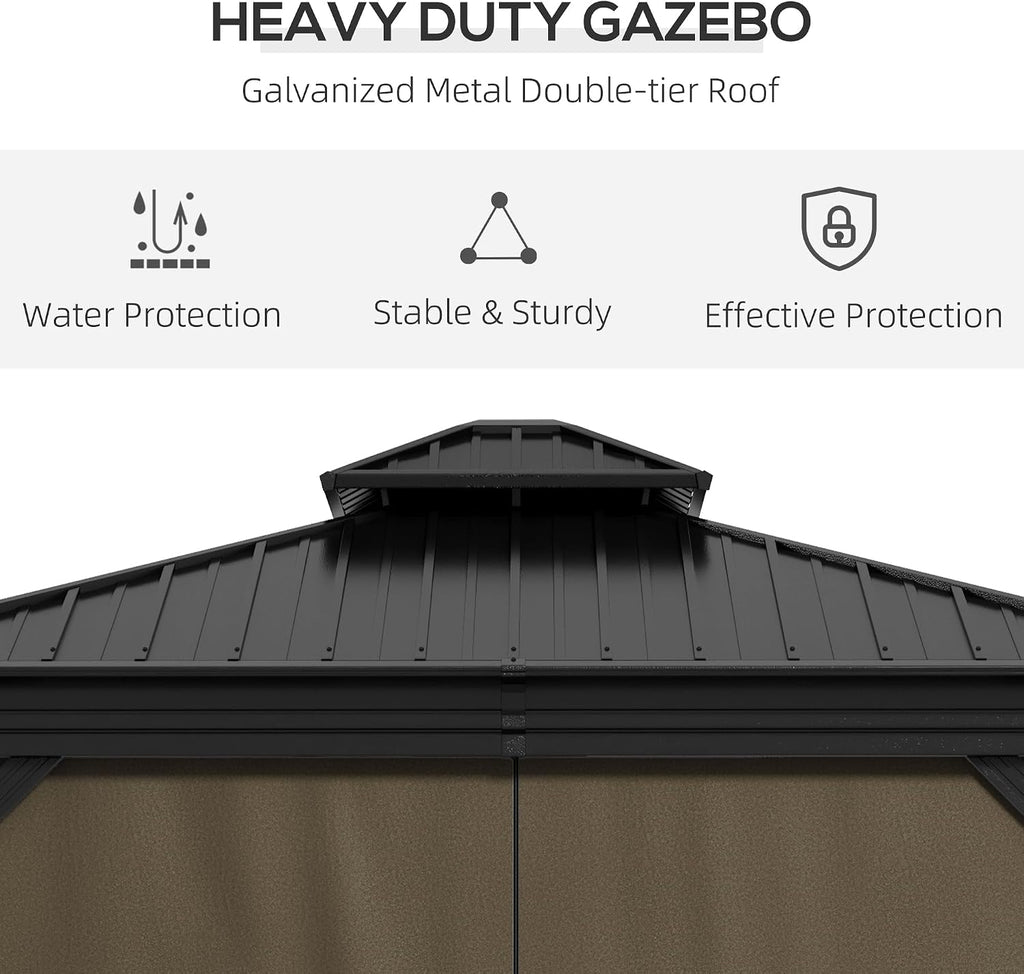 Outsunny 10' x 10' Hardtop Gazebo with Curtains and Netting, Permanent Pavilion Metal Double Roof Gazebo Canopy with Aluminum Frame and Hooks, for Garden, Patio, Backyard, Dark Brown