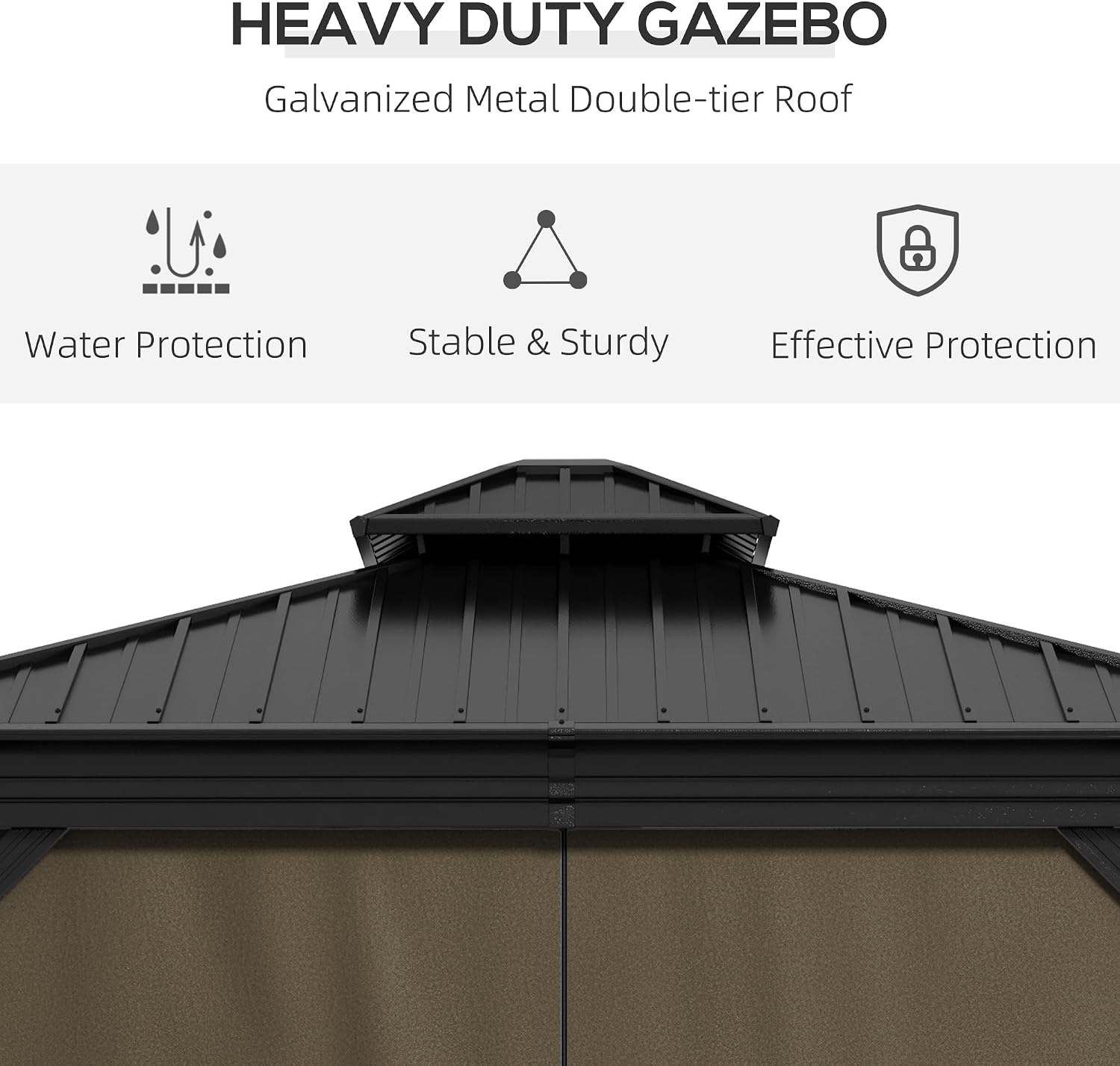 Outsunny 10' x 10' Hardtop Gazebo with Curtains and Netting, Permanent Pavilion Metal Double Roof Gazebo Canopy with Aluminum Frame and Hooks, for Garden, Patio, Backyard, Dark Brown