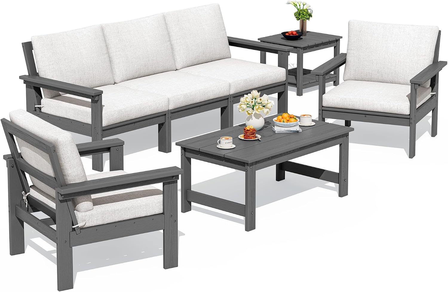 SERWALL HDPE Patio Furniture Set, 7-piece Outdoor Sectional Sofa Set, All Weather Outdoor Couch Set for Deck, Lawn, Grey Frame with Khaki Cushion
