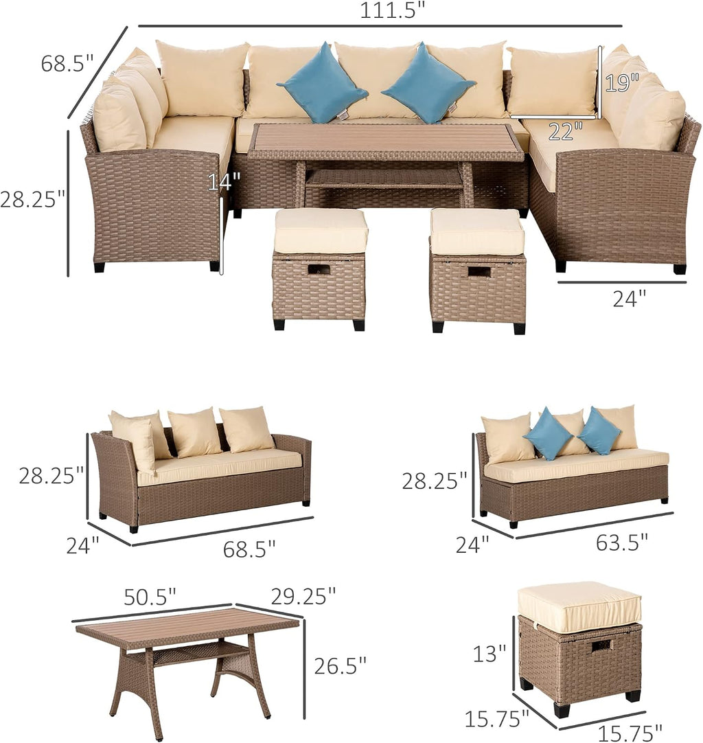 Outsunny 6 Piece Patio Furniture Set, PE Wicker Outdoor Furniture Conversation Set with 3 Sofas, 2 Ottomans and Slatted WPC Top Dining Table, All Weather Sectional Sofa Couch with Pillows, Khaki