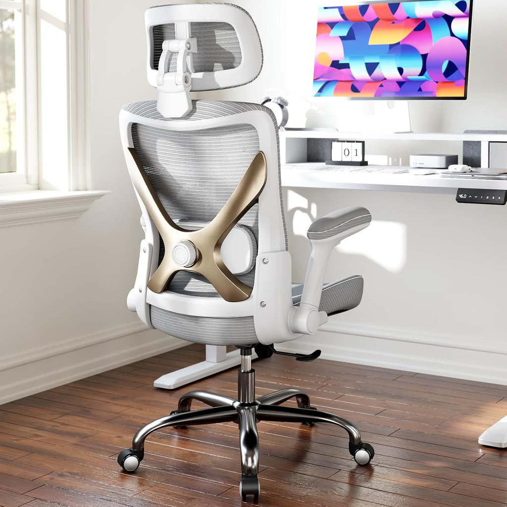 Ergalithic Office Home Ergonomic Desk Chair-Computer X-Shaped Chair Mesh PU Leather with Adjustable Lumbar Support-Executive Chair High Back with Headrest Flip-Up Arms for Long Hours (Grey)