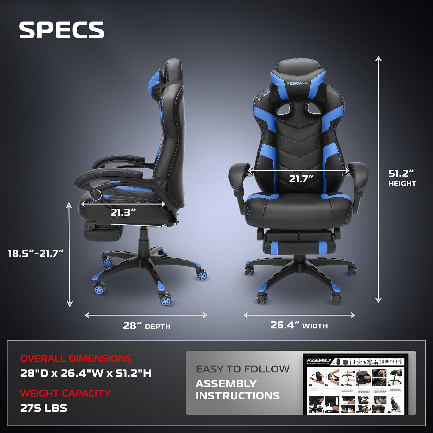 RESPAWN 110 Pro Ergonomic Gaming Chair with Footrest for Adults - Comfortable Office Gaming Recliner with Lumbar Support and Headrest, Racing Style Video Game Chairs for Computer Gamer - Blue