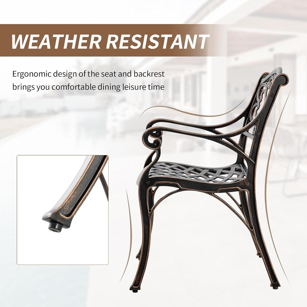 Cast Aluminum Patio Dining Set, Outdoor Bistro Set, 31.5' Round Outdoor Dining Table with Umbrella Hole, 2 Bistro Chairs for Yard Porch Garden Balcony