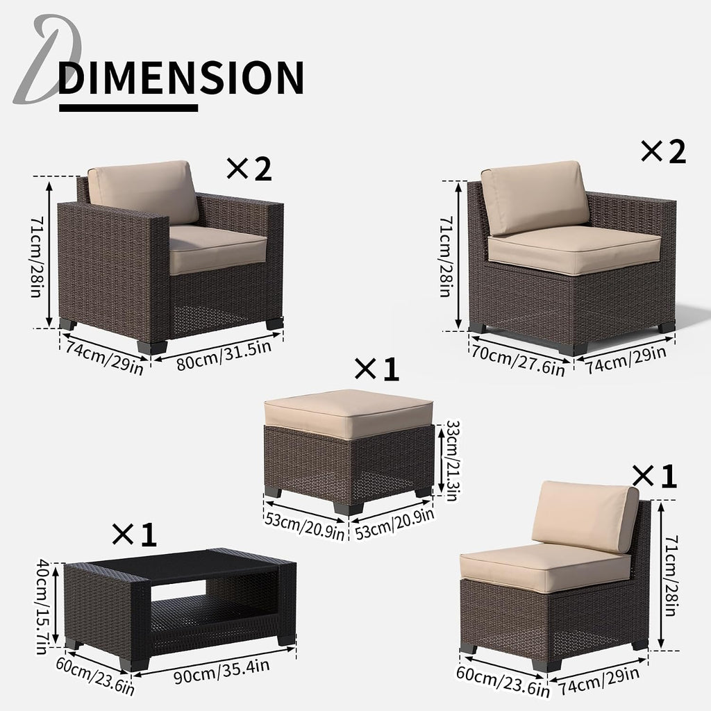 YLGJ&TIDY 7 PCS Outdoor Wicker Furniture Set Sectional Rattan Sofa Couch with Thick Cushions Glass Top Coffee Table Patio Conversation Set for Garden Backyard (Dark Brown Rattan & Khaki)