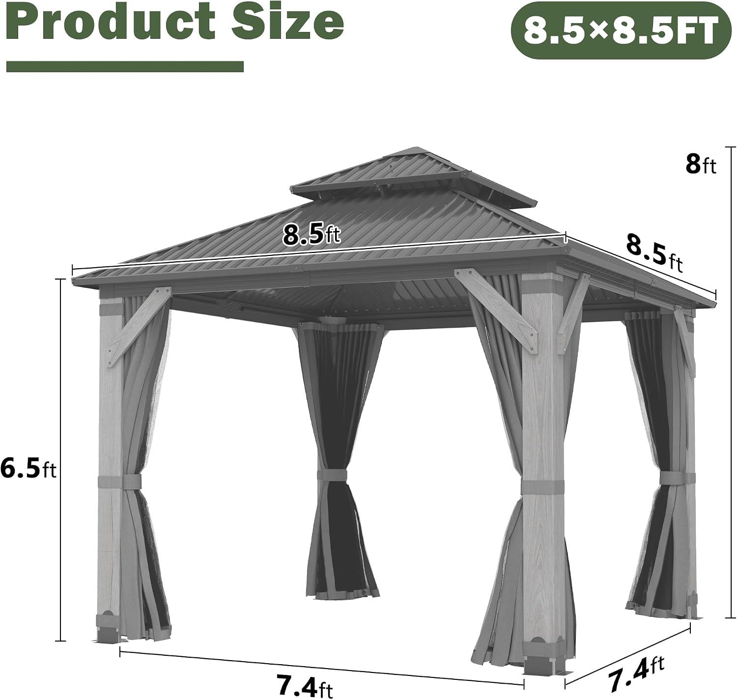 8.5x8.5FT Hardtop Wood Gazebo, Outdoor Gazebo with Cedar Wooden Pillar & Double Metal Roof - Weather-Resistant Gazebos Pavilion for Patio, Garden, Backyard (w/Netting & Gray Curtains)