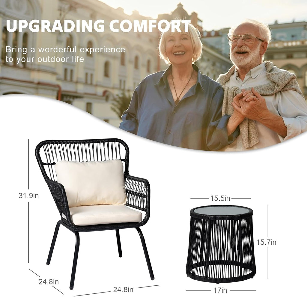 3 Piece Outdoor Wicker Furniture Bistro Set, Rattan Chairs Conversation Sets Wicker Patio Furniture for Balcony Poolside Backyard, Black/Beige