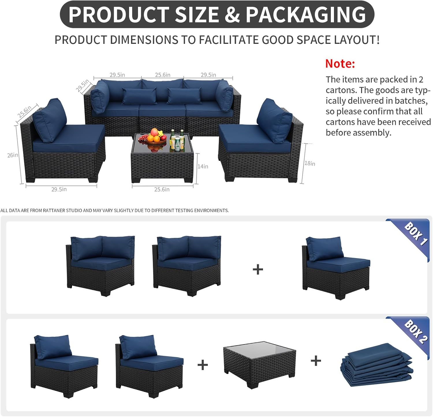 Rattaner Patio Sectional 6 Pieces All-Weather Wicker Patio Furniture Set Outdoor Sectional with Glass Table Non-Slip Cushions and Waterproof Cover, Navy Blue