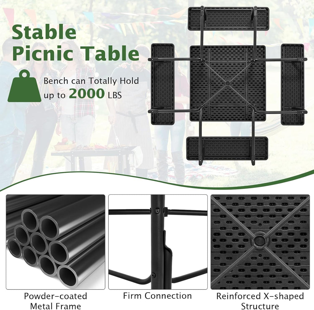Giantex Picnic Table Bench Set for 8 Persons, Square Outdoor Table with Umbrella Hole, HDPE Top & Metal Frame, 2000LBS Capacity, Patio Table Bench Set for Deck Backyard Garden, Black
