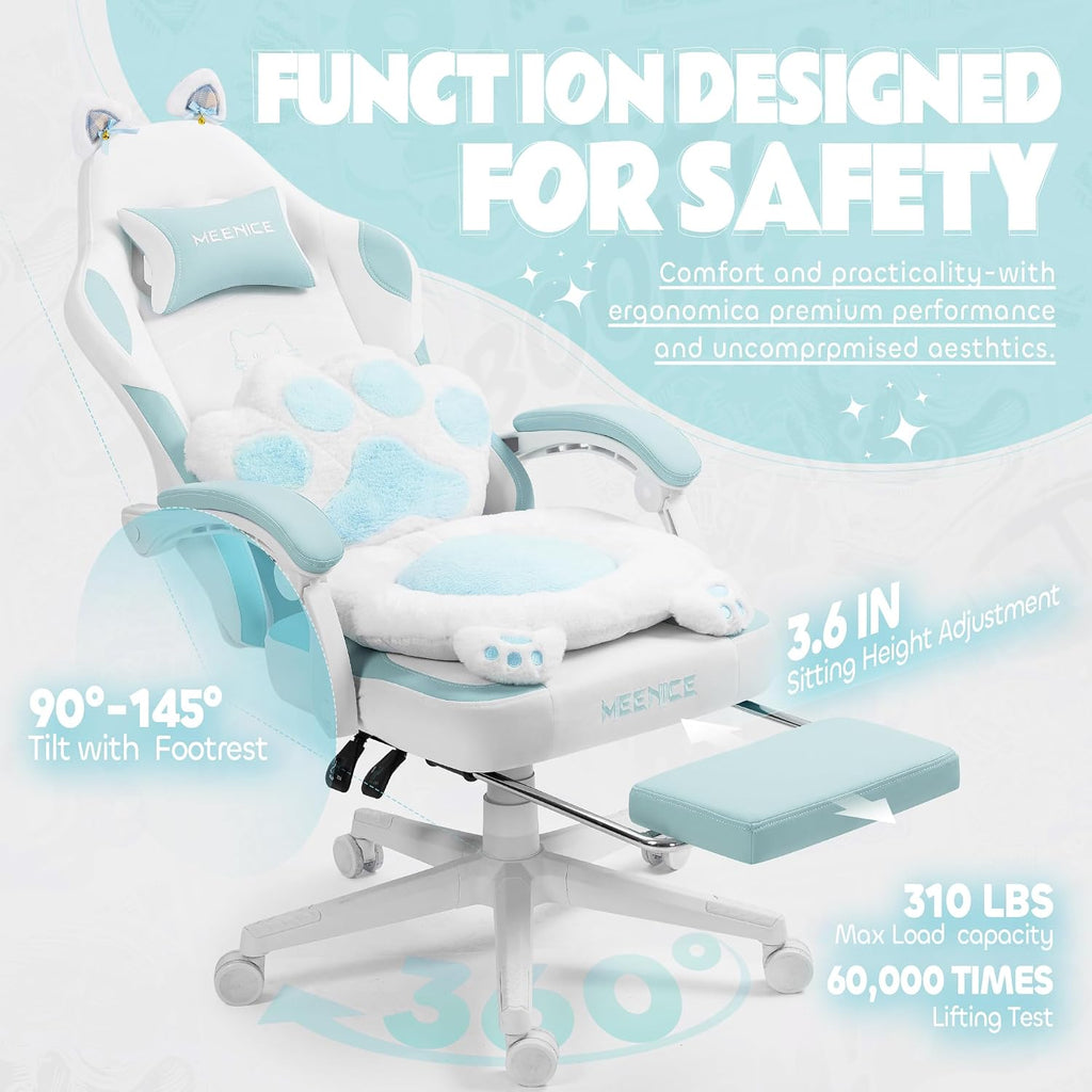 Gaming Chair Cute with Cat Ears Paw Lumbar and Cushion,Ergonomic Computer Chair with Footrest,Reclining PC Game Chair for Girl Computer Chair 300lbs for Adult Aqua Blue