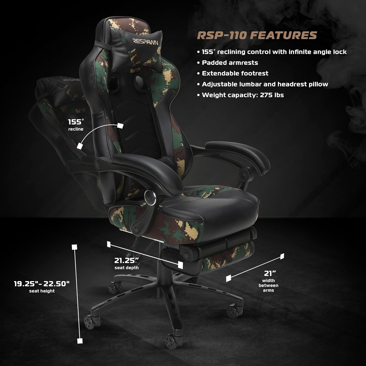 RESPAWN 110 Ergonomic Gaming Chair with Footrest Recliner - Racing Style High Back PC Computer Desk Office Chair - 360 Swivel, Adjustable Lumbar Support, Headrest Pillow, Padded Armrests - 2019 Camo