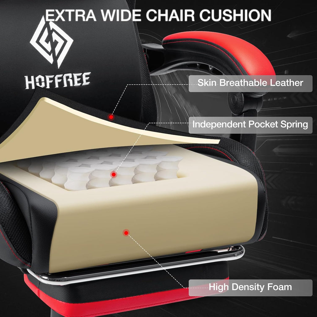 HOFFREE Gaming Chair with Music Rhythm RGB LED Lights and Bluetooth Speakers Ergonomic Massage Computer Gaming Chair with Footrest Video Game Chair High Back with Lumbar Support Red and Black