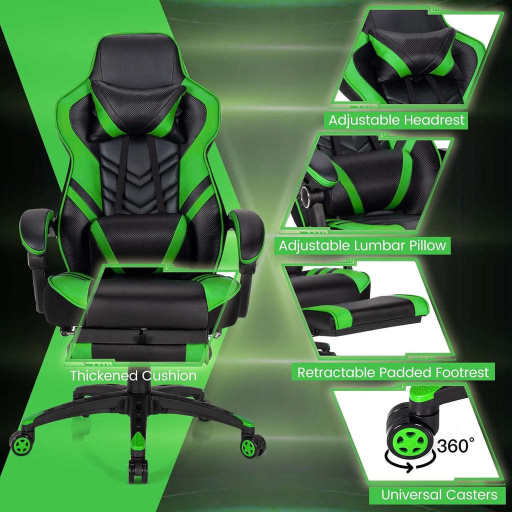 Goplus Gaming Chair, Computer Chair with Footrest and Lumbar Support, Height Adjustable Executive Swivel Rolling Task Chair with 90°-155° Tilt Function (Green)