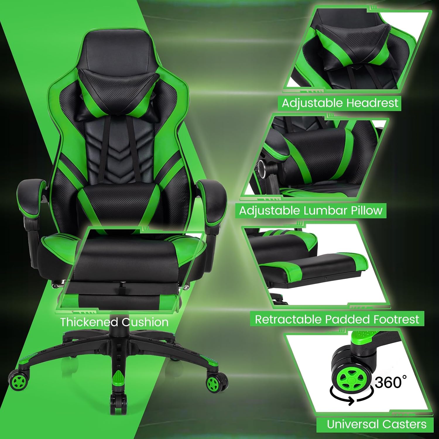 Goplus Gaming Chair, Computer Chair with Footrest and Lumbar Support, Height Adjustable Executive Swivel Rolling Task Chair with 90°-155° Tilt Function (Green)