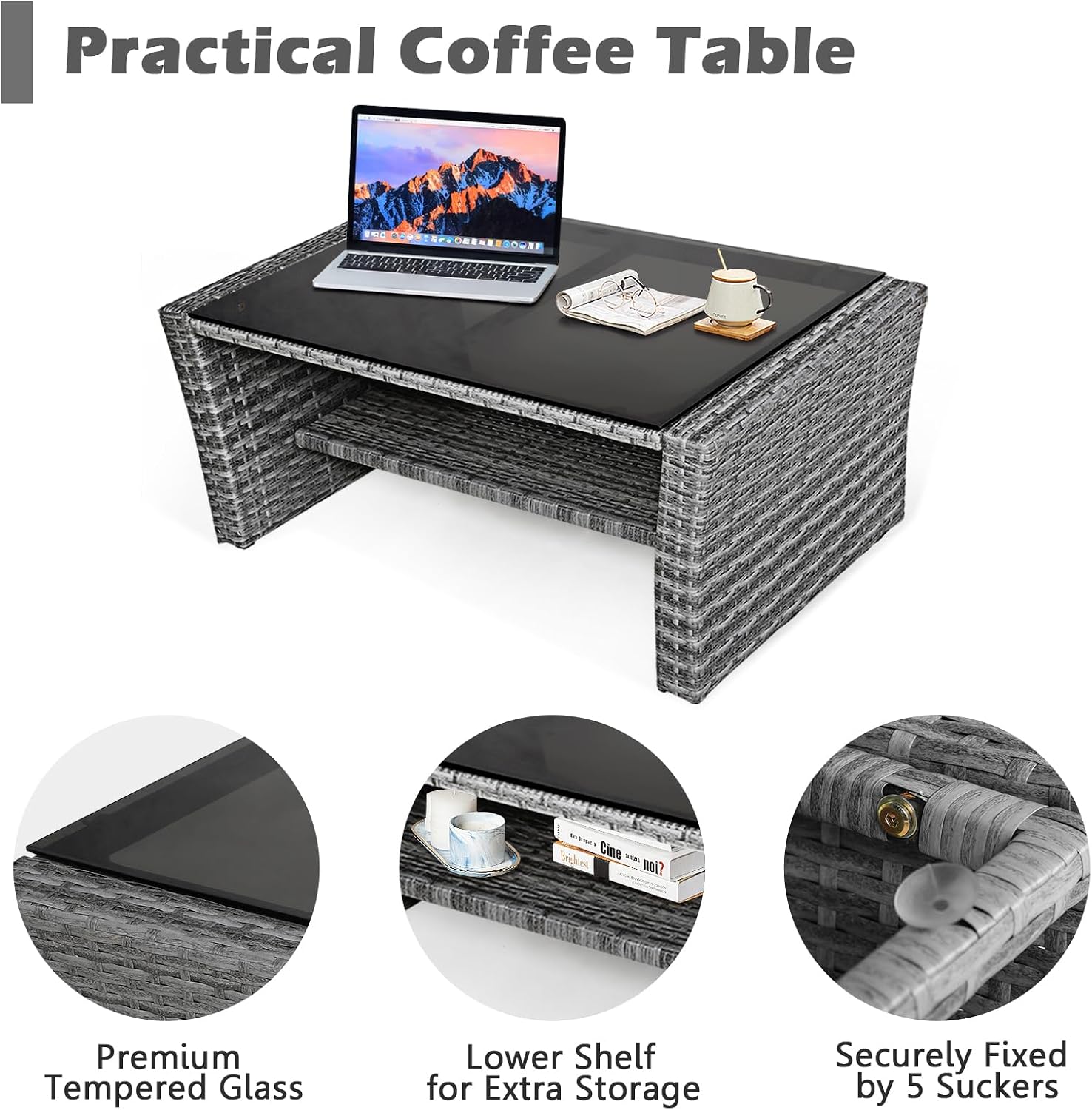 COSTWAY 4 Pieces Patio Rattan Furniture Set, Outdoor Wicker Sofa Set with Tempered Glass Coffee Table, Cushions, All Weather Rattan Conversation Set for Yard Balcony Backyard Pool (Grey)