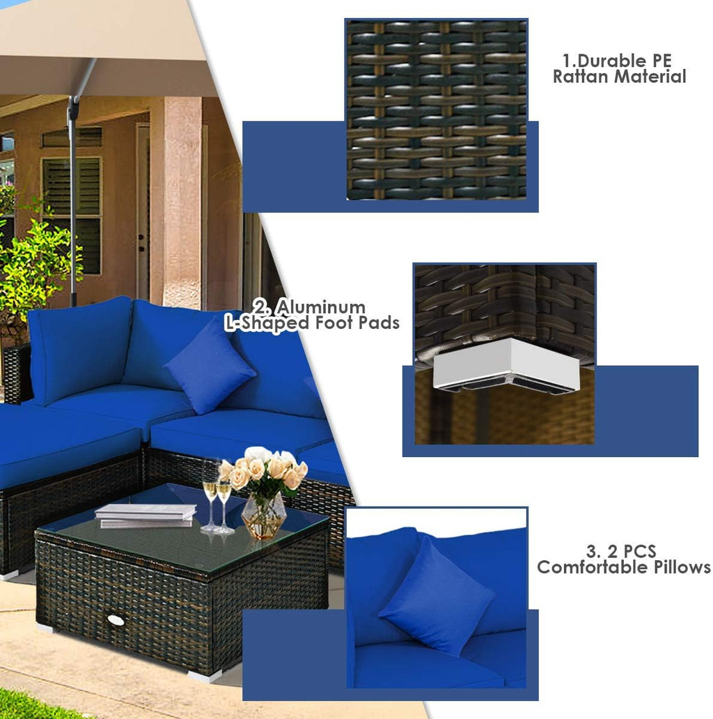 COSTWAY 5-Piece Outdoor Patio Furniture Set, Glass Top Coffee Table and Lounge Sofa with Cushions, PE Rattan Conversation Set for Garden, Deck, Backyard (Navy)