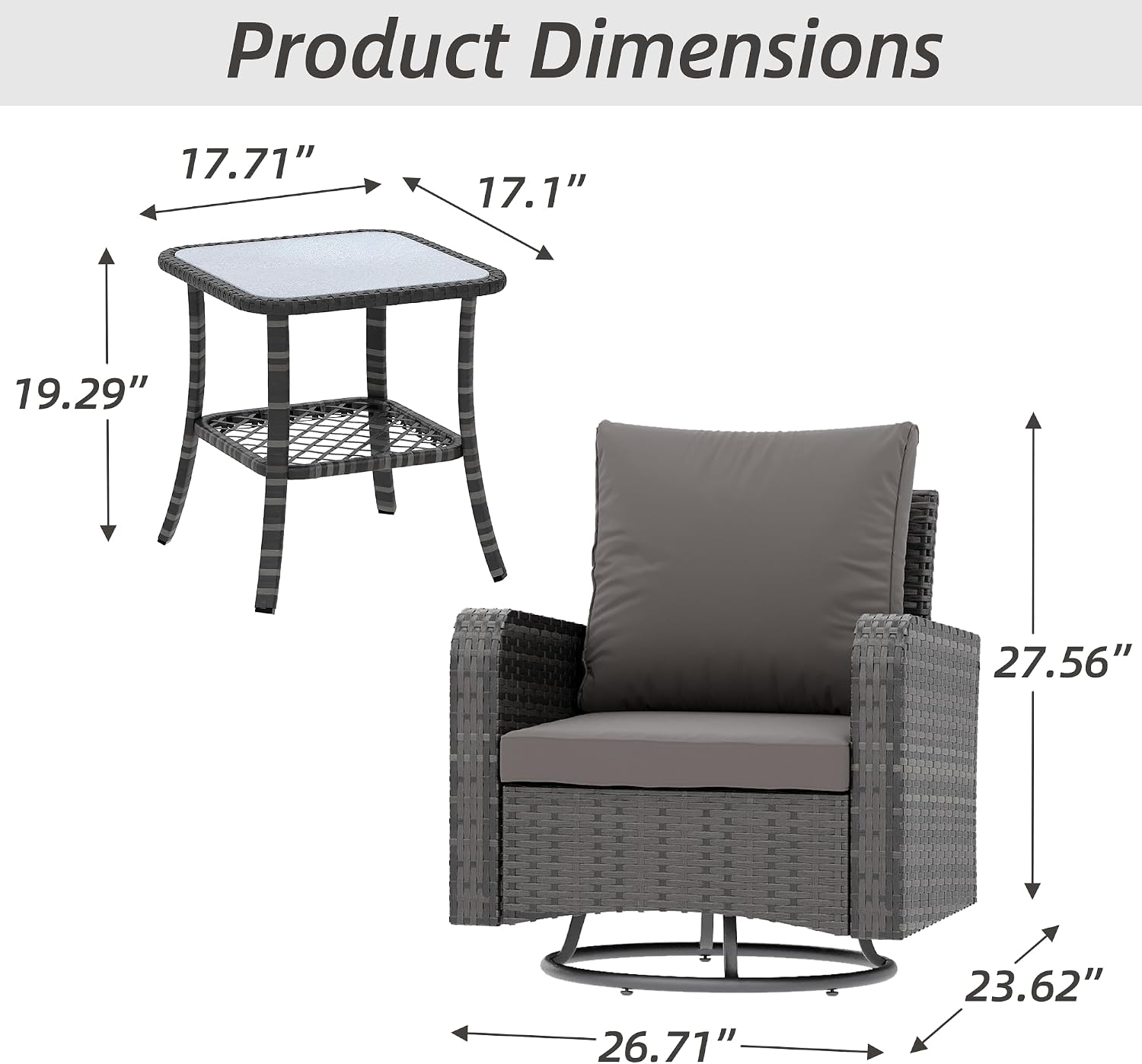 HOMREST 3 Piece Swivel Patio Chairs Wicker Set - All Weather Outdoor Patio Bistro Set with Side Table, Small Patio Furniture Set for Balcony Porch Deck Backyard, Grey