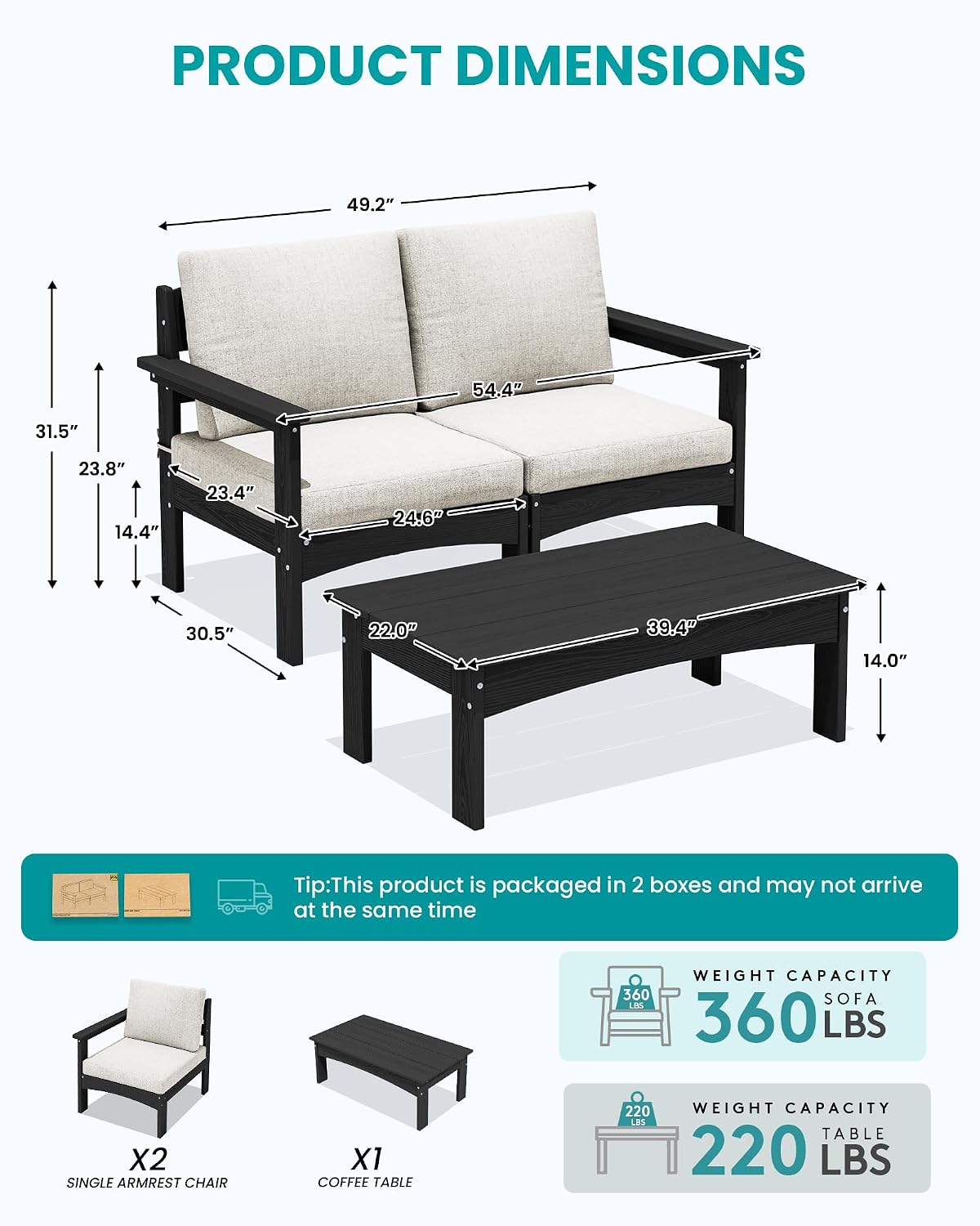 SERWALL 3 Pieces Patio Conversation Set, All-Weather HDPE Outdoor Sofas with Cushions and Coffee Table, Modular Sectional Furniture for Deck, Garden, Backyard, Black Frame with Khaki Cushion