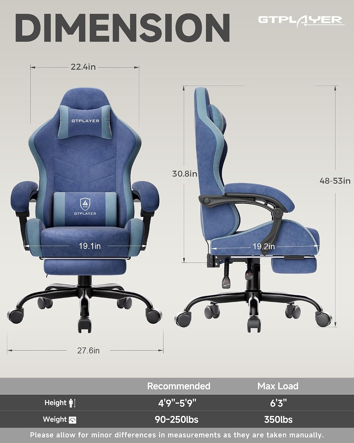 GTPLAYER Gaming Chair with Footrest, Computer Gaming Chair for Adults and Kids, Height Adjustable Gamer Chair with 90-155° Recline & Removable Headrest Lumbar Support,Performance Fabric Blue
