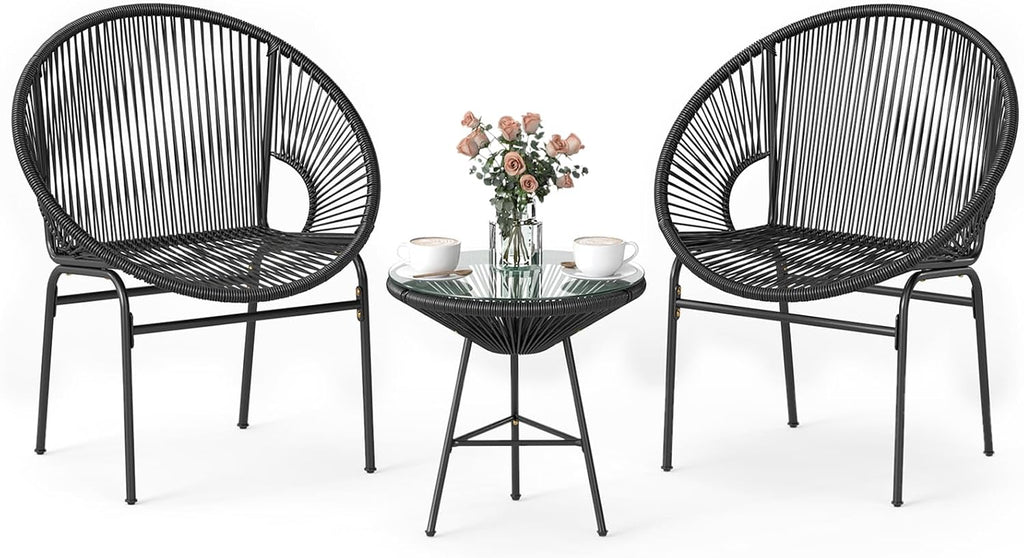 Tangkula 3 Piece Outdoor Patio Furniture Set, Acapulco Chair Set w/Plastic Rope, Tempered Glass Table, All Weather Patio Bistro Set for Patio, Lawn, Garden, Backyard (Black)