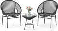 Tangkula 3 Piece Outdoor Patio Furniture Set, Acapulco Chair Set w/Plastic Rope, Tempered Glass Table, All Weather Patio Bistro Set for Patio, Lawn, Garden, Backyard (Black)