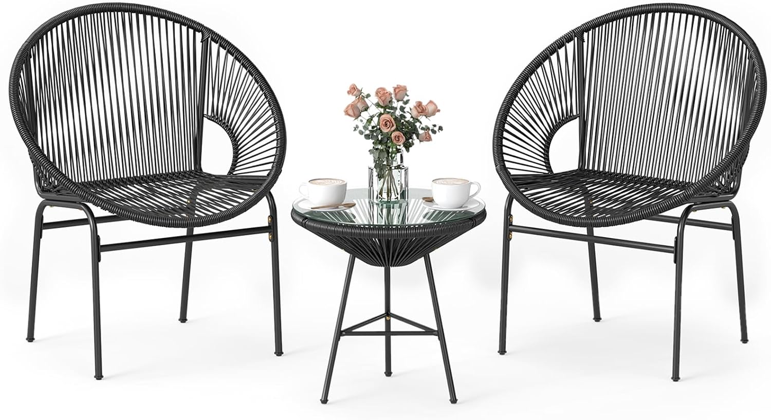 Tangkula 3 Piece Outdoor Patio Furniture Set, Acapulco Chair Set w/Plastic Rope, Tempered Glass Table, All Weather Patio Bistro Set for Patio, Lawn, Garden, Backyard (Black)