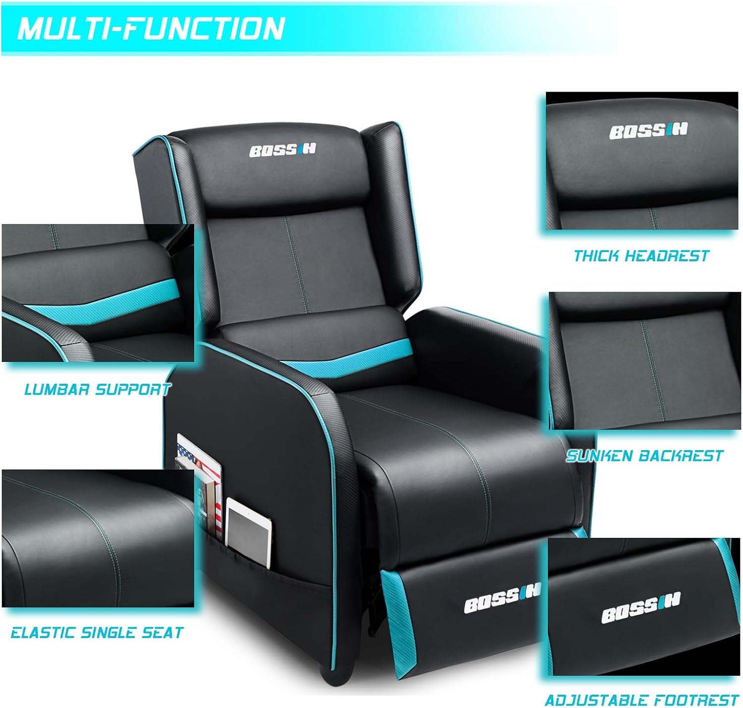 BOSSIN Gaming Recliner Chair for Adults 400lbs Racing Style Sofa Big and Tall PU Leather Recliner Seating, Modern Ergonomic Lounge Comfortable Home Movie Theater for Living Room(Cyan)