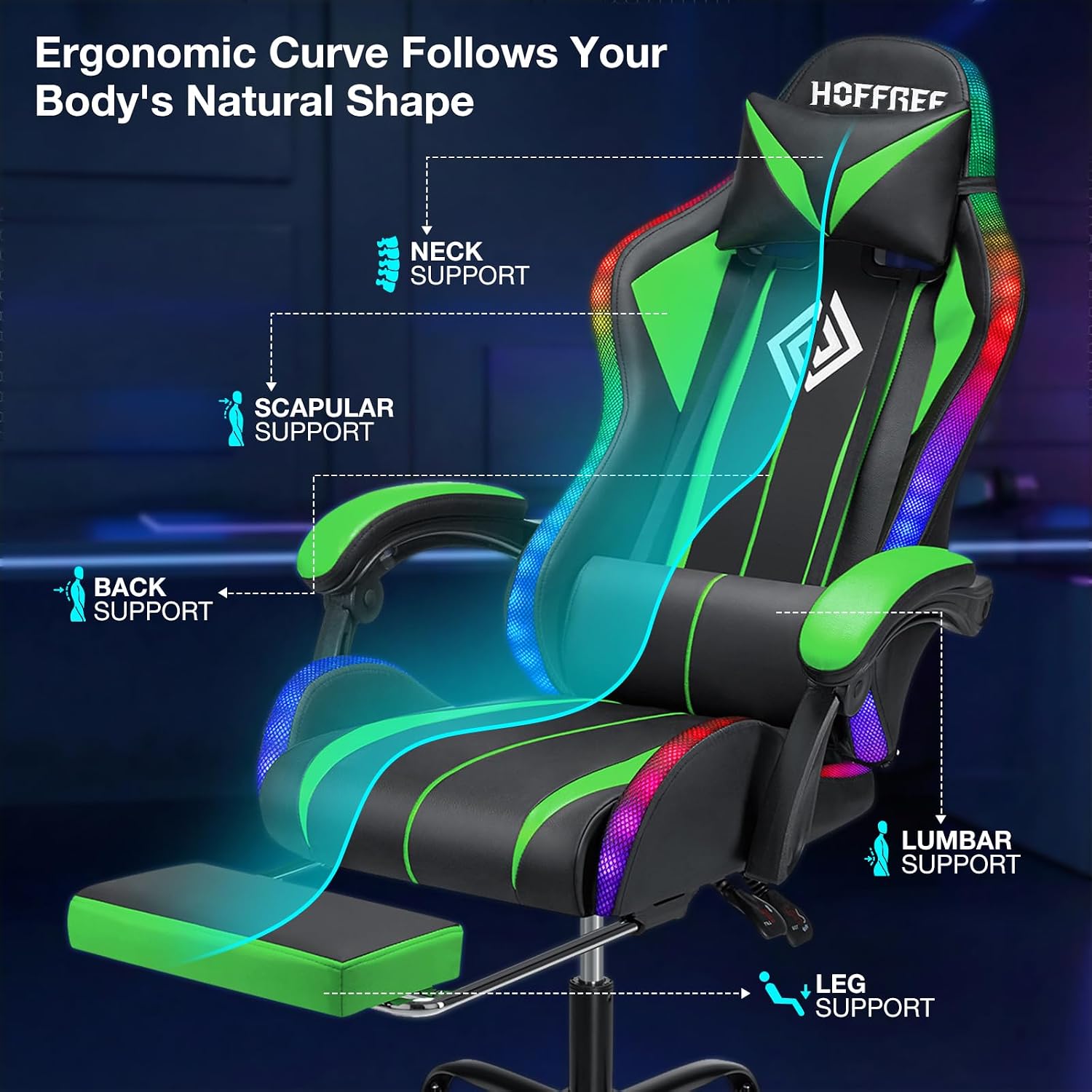 HOFFREE Gaming Chair with LED RGB Lights with Massage and Footrest Ergonomic Computer Chair High Back Video Game Chair with Adjustable Lumbar Support Linkage Armrest Green and Black