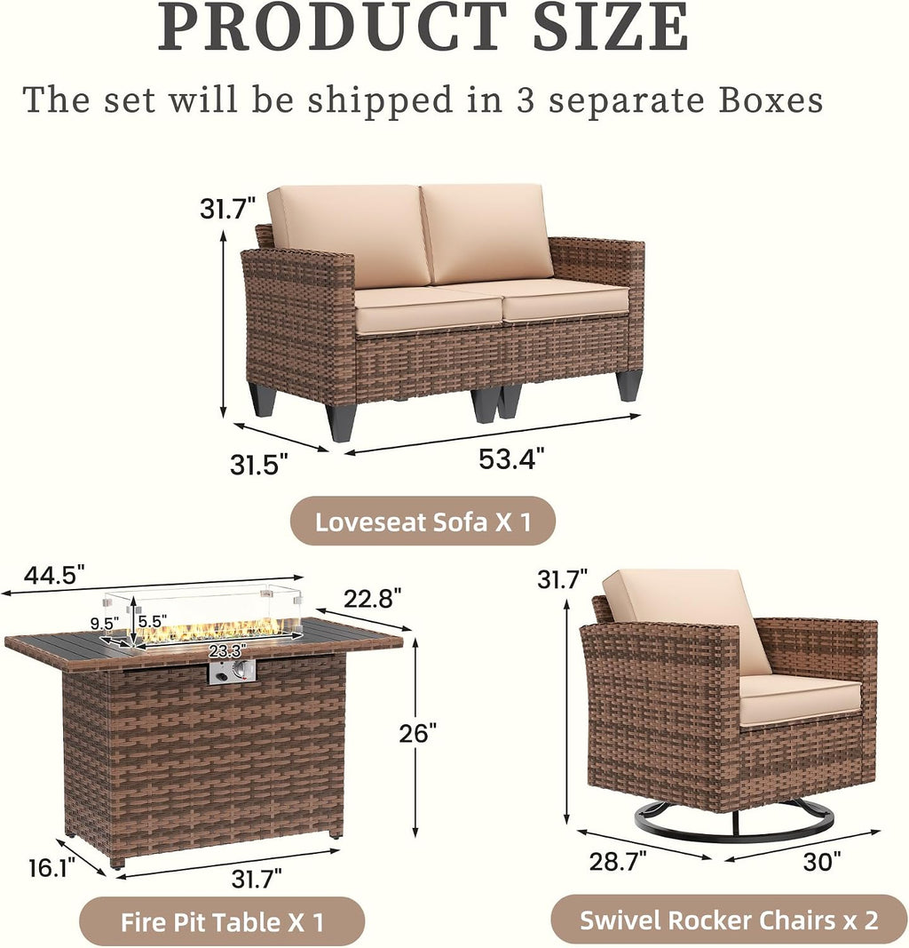 UDPATIO 5 Pieces Patio Furniture Set with Fire Pit Table, Outdoor Conversation Set with Rocking Swivel Chairs, Wicker Furniture Set with Waterproof Cover, 4'' Thickened Cushion, Khaki