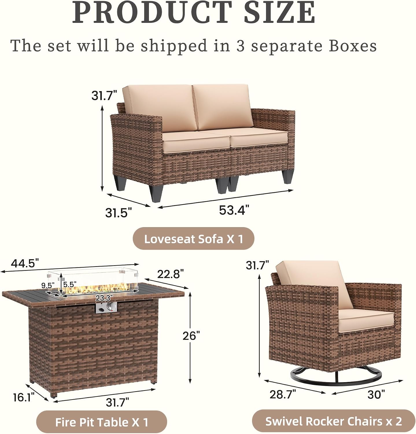UDPATIO 5 Pieces Patio Furniture Set with Fire Pit Table, Outdoor Conversation Set with Rocking Swivel Chairs, Wicker Furniture Set with Waterproof Cover, 4'' Thickened Cushion, Khaki
