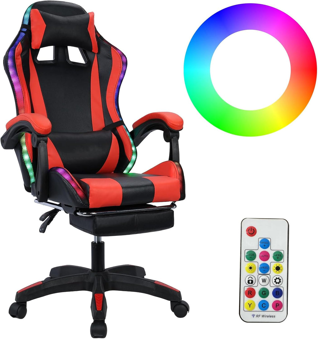 Gaming Chair with Bluetooth Speakers and RGB LED Lights, High Back Video Game Massage Chair 360° Swivel Height Adjustable Recliner with Footrest & Headrest Lumbar Support Pillows (Black & Red)