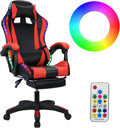 Gaming Chair with Bluetooth Speakers and RGB LED Lights, High Back Video Game Massage Chair 360° Swivel Height Adjustable Recliner with Footrest & Headrest Lumbar Support Pillows (Black & Red)