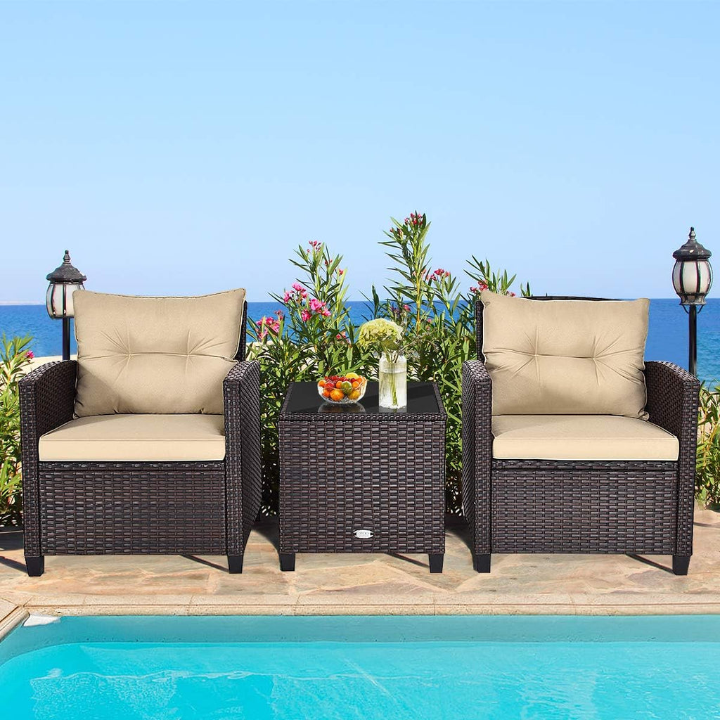RELAX4LIFE 3 Piece Patio Furniture Set, Wicker Bistro Conversation Set w/ 2 Cushioned Armchairs & Glass Topped Table, Outdoor Rattan Sofa Set Patio Furniture for Porch Balcony Poolside (Beige)