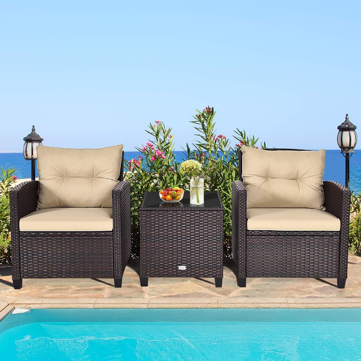RELAX4LIFE 3 Piece Patio Furniture Set, Wicker Bistro Conversation Set w/ 2 Cushioned Armchairs & Glass Topped Table, Outdoor Rattan Sofa Set Patio Furniture for Porch Balcony Poolside (Beige)