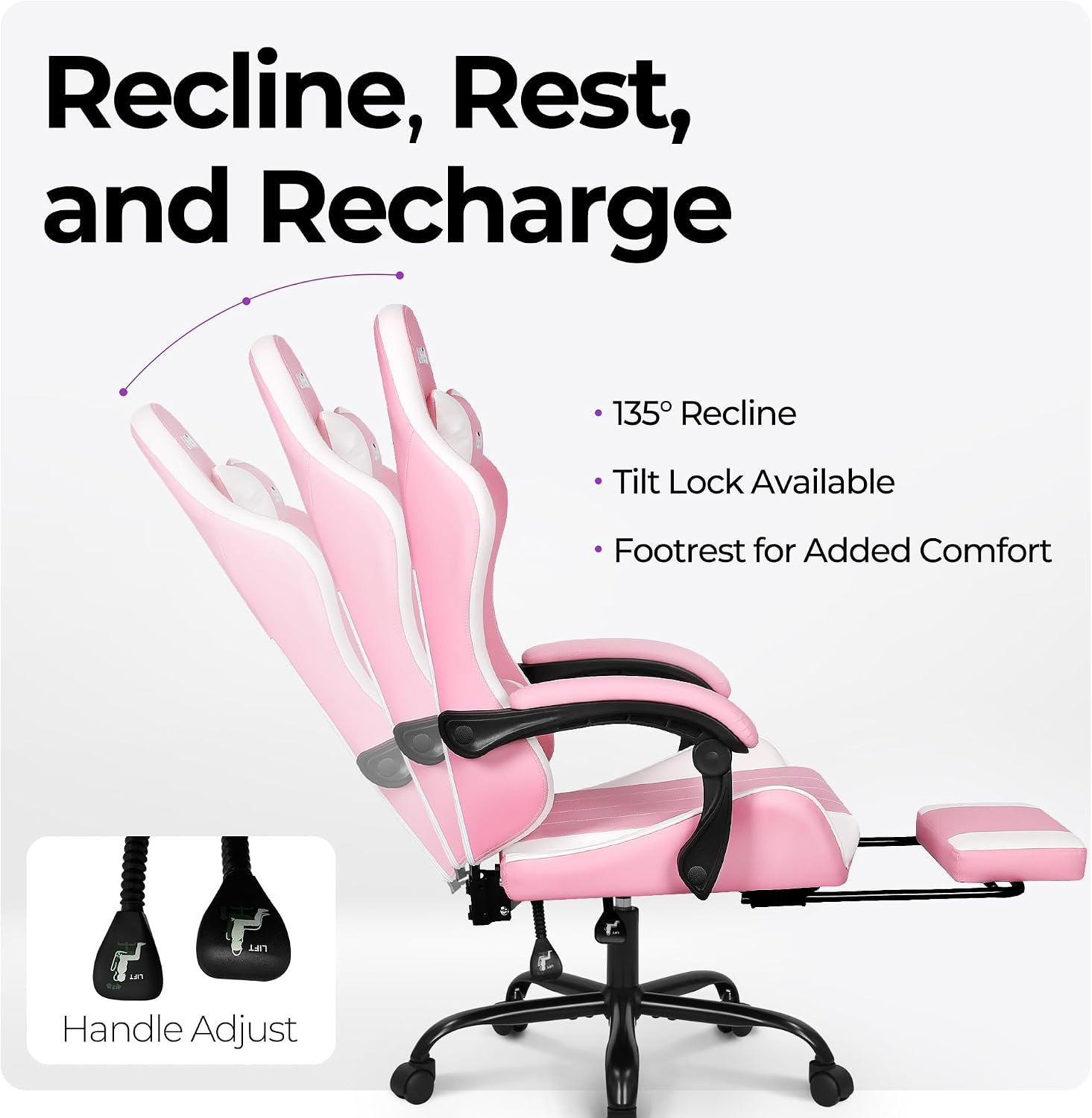 NEO CHAIR Video Gaming Chair with Footrest High Back Ergonomic Comfortable Office Computer Desk with Lumbar Support Height Adjustable with PU Leather Recliner for Adults Women Men (Pink)