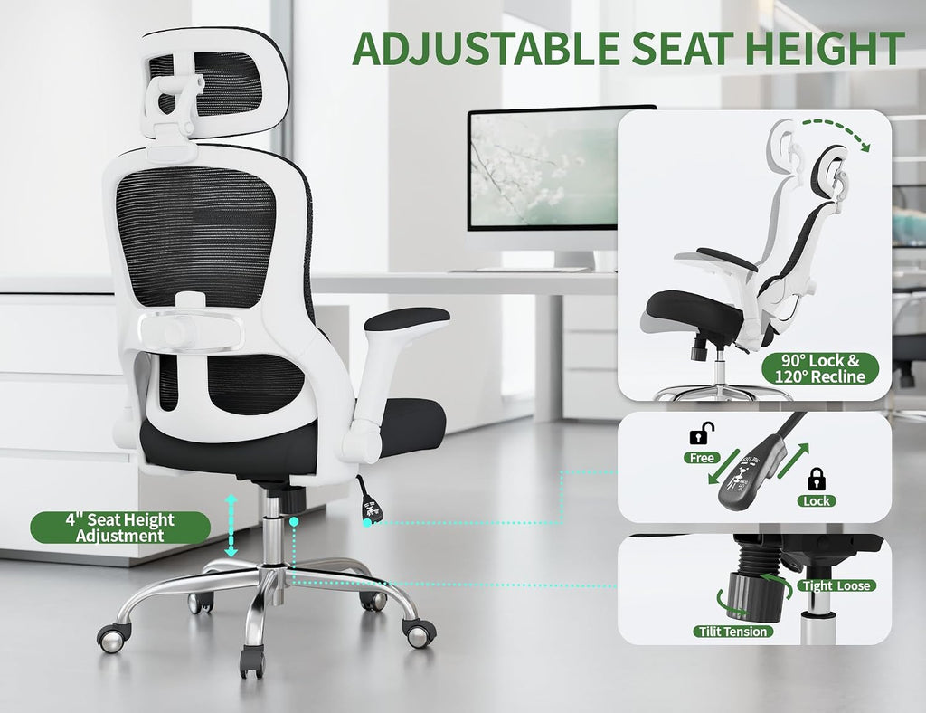 Office Chair - Ergonomic Desk Chair with Adjustable Headrest Lumbar Support Computer Chair - Mesh Comfy Chairs with Flip-up Armrests - Big and Tall Gaming Chairs for Adults Home Office(White Black)