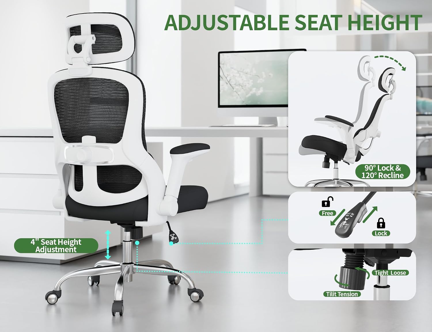 Office Chair - Ergonomic Desk Chair with Adjustable Headrest Lumbar Support Computer Chair - Mesh Comfy Chairs with Flip-up Armrests - Big and Tall Gaming Chairs for Adults Home Office(White Black)