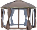 Outsunny 12' x 12' Round Outdoor Gazebo, Patio Dome Gazebo Canopy Shelter with Double Roof, Netting Sidewalls and Curtains, Zippered Doors, Strong Steel Frame, Brown