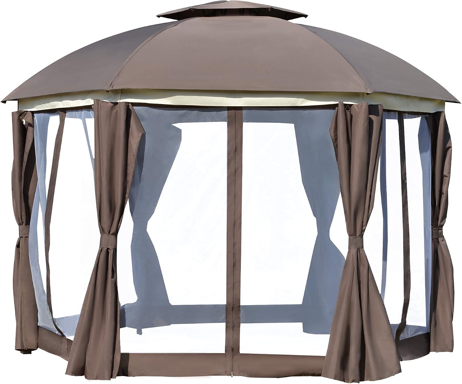 Outsunny 12' x 12' Round Outdoor Gazebo, Patio Dome Gazebo Canopy Shelter with Double Roof, Netting Sidewalls and Curtains, Zippered Doors, Strong Steel Frame, Brown