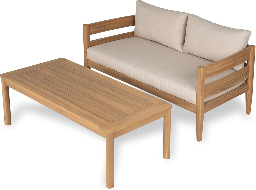 Christopher Knight Home Kory 4-Piece Acacia Wood Patio Furniture Set, Outdoor Conversation Sofa Chat Set with Club Chair and Coffee Table, Patio 4-Seater Seating Group for Backyard Balcony, Teak+Beige