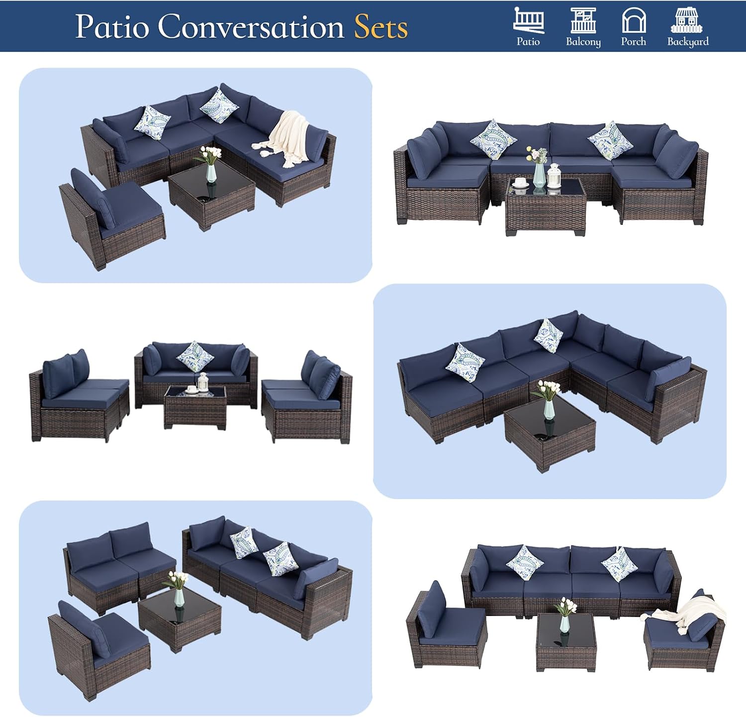 FHFO 7 Piece Outdoor Wicker Patio Furniture Set, Rattan Sectional Sofa Couch, Patio Conversation Set with Cushion & Coffee Table, for Backyard Poolside Porch Garden, Brown-Blue