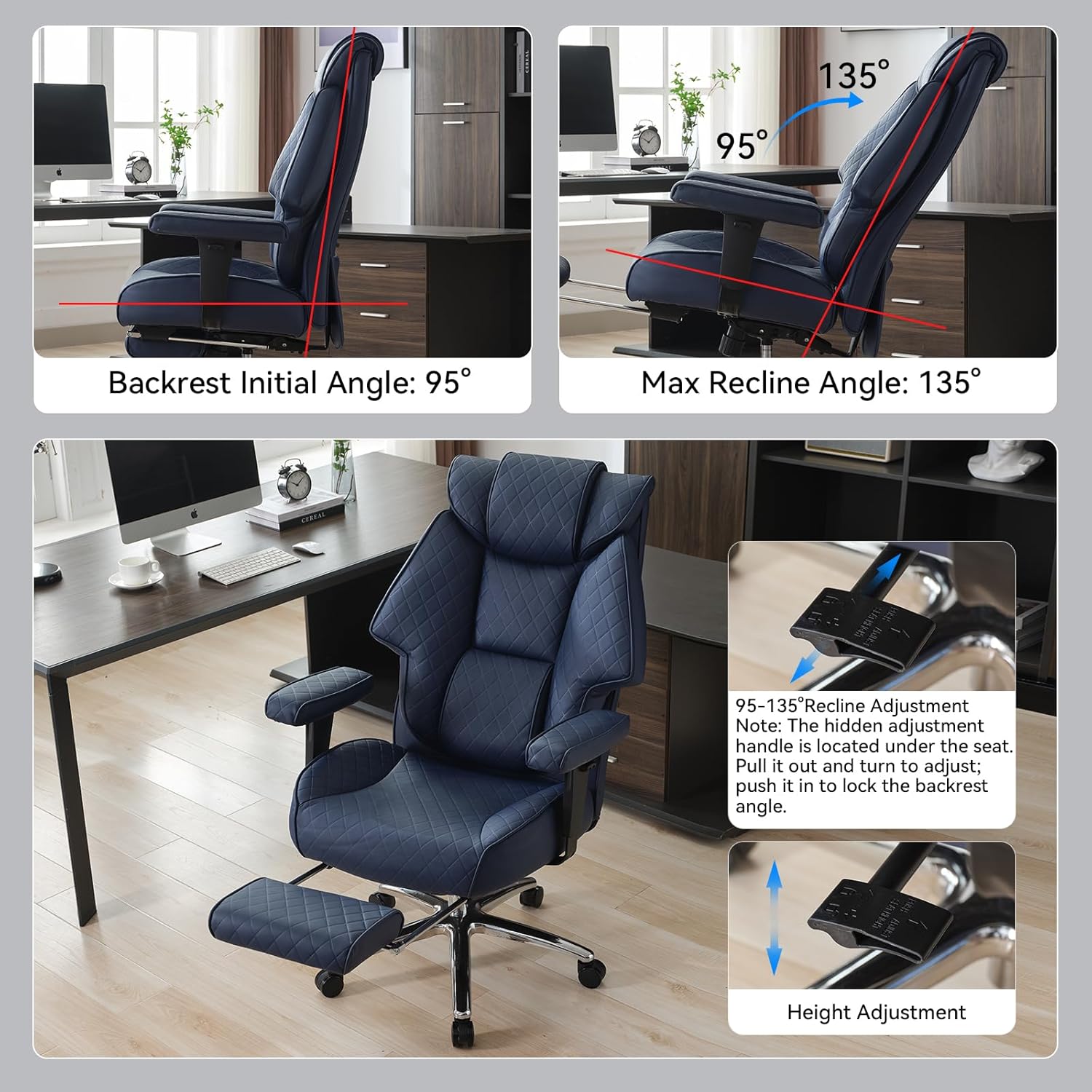 EXCEBET Big and Tall Office Chair with Footrest, PU Leather High Back Executive Office Chair 400lbs, Ergonomic Computer Chairs Lumbar Support for Heavy People (Blue)
