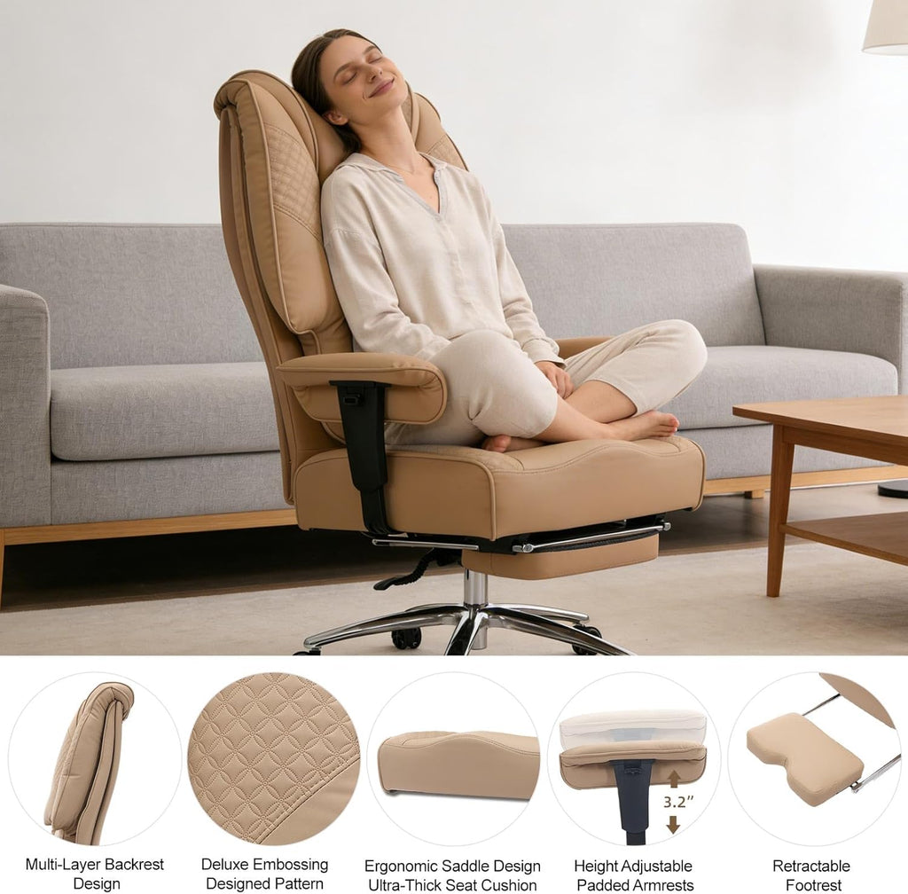 EXCEBET Big and Tall Office Chair 400lbs Wide Seat, Leather High Back Executive Office Chair with Foot Rest, Ergonomic Chairs Lumbar Support for Lower Back Pain Relief, All-Day Comfort (Brown)