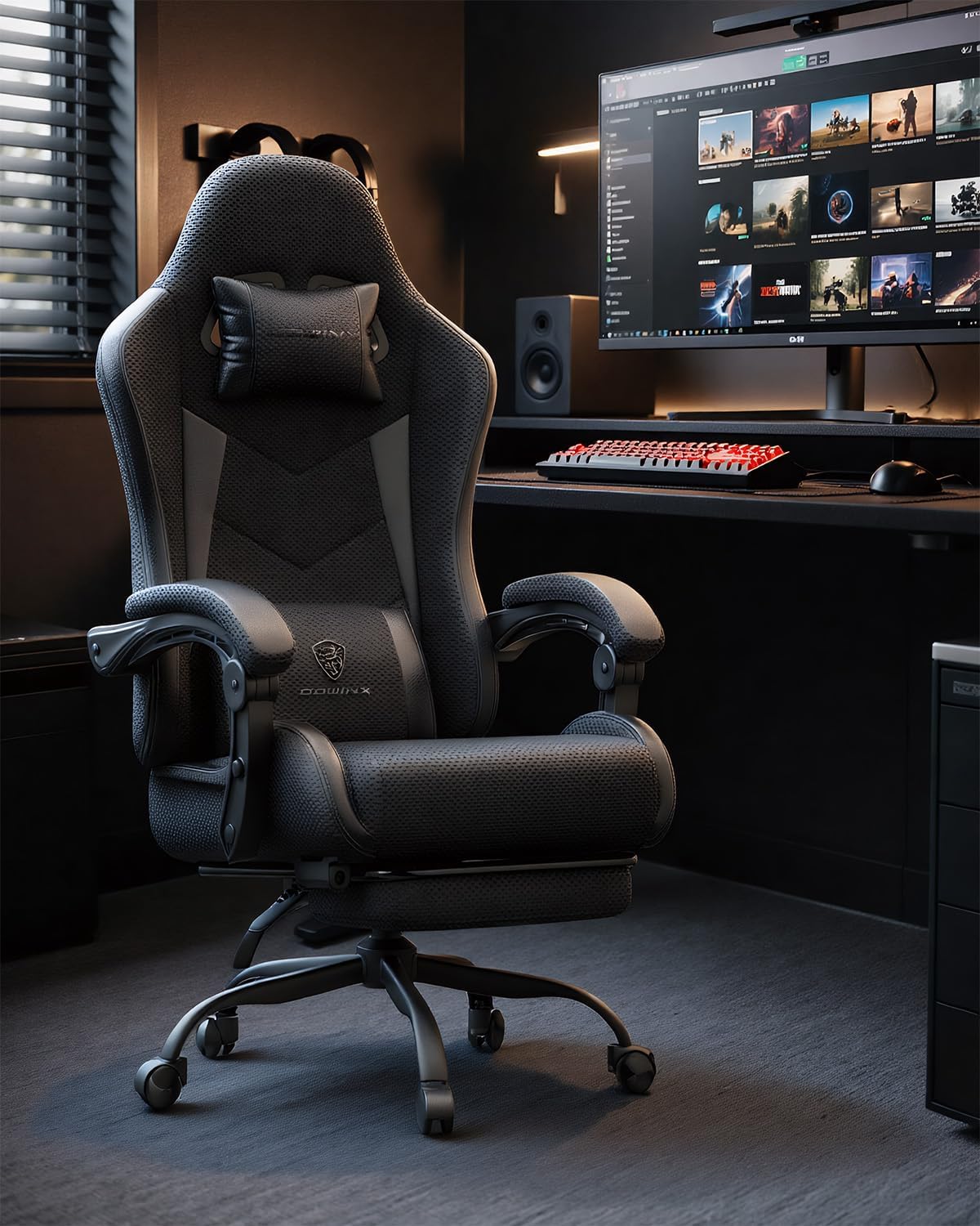 Gaming Chair with Footrest, Ergonomic 330lbs Leather Mesh Chair, Massage Lumbar Support, Adjustable Height & Headrest Pillow, Breathable Seat for Office, Home, Streaming, Long Gaming Sessions, Onyx