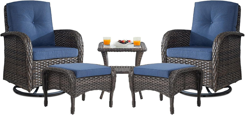 Belord Small Conversation Sets Patio Funiture - 5 Piece Outdoor Swivel Rocker Wicker Furniture Sets with Ottomans Side Table Perfect for Patio Deck Backyard, Brown Wicker Blue Cushion