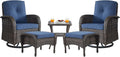 Belord Small Conversation Sets Patio Funiture - 5 Piece Outdoor Swivel Rocker Wicker Furniture Sets with Ottomans Side Table Perfect for Patio Deck Backyard, Brown Wicker Blue Cushion