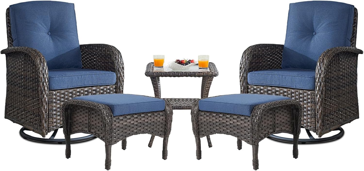 Belord Small Conversation Sets Patio Funiture - 5 Piece Outdoor Swivel Rocker Wicker Furniture Sets with Ottomans Side Table Perfect for Patio Deck Backyard, Brown Wicker Blue Cushion