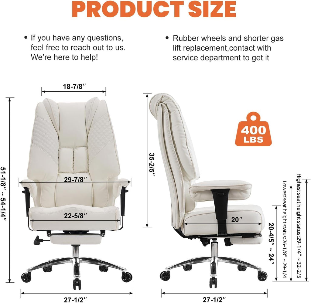 EXCEBET Big and Tall Office Chair 400lbs Wide Seat, Leather High Back Executive Office Chairs with Foot Rest, Ergonomic Lumbar Support for Lower Back Pain Relief (White)