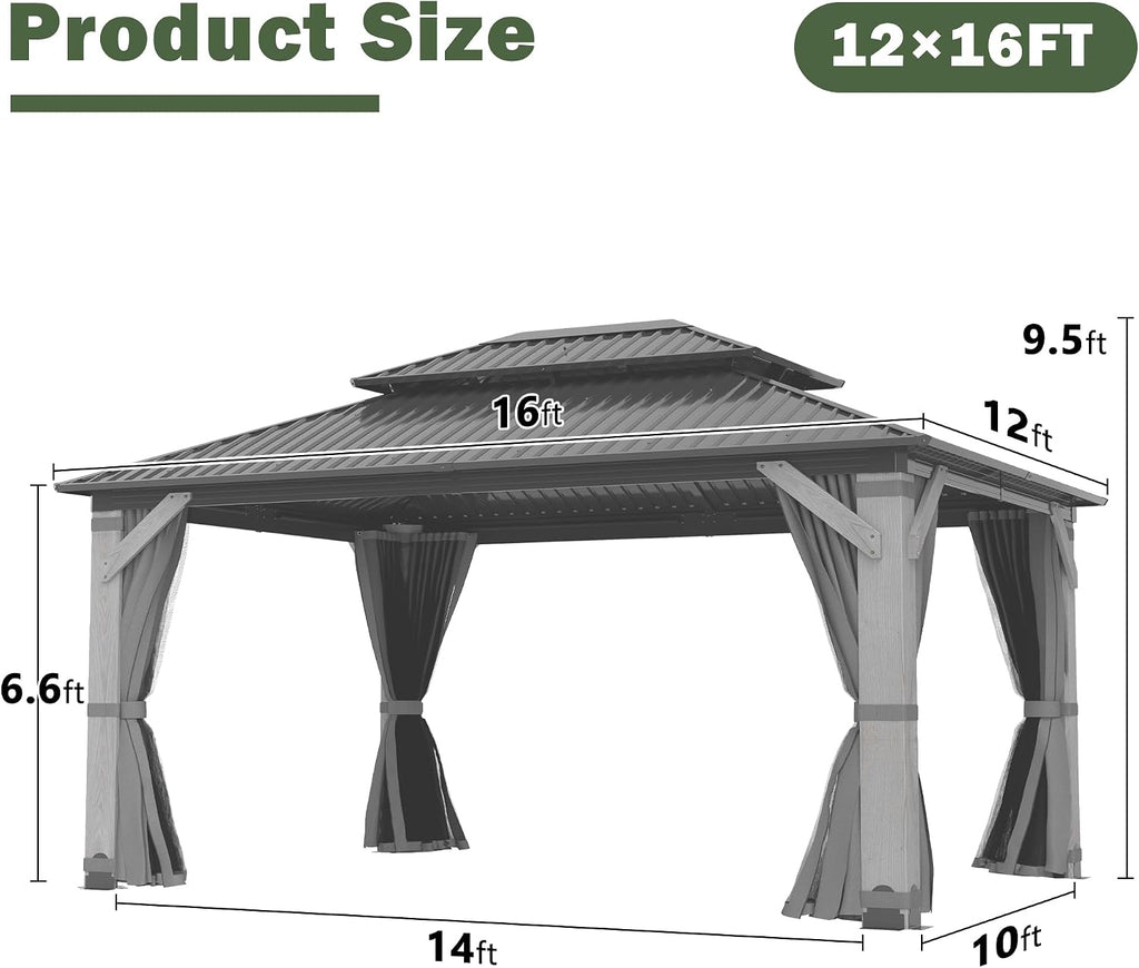 12x16FT Hardtop Wood Gazebo, Outdoor Gazebo with Cedar Wooden Pillar & Double Metal Roof - Weather-Resistant Gazebos Pavilion for Patio, Garden, Backyard (w/Netting & Gray Curtains)