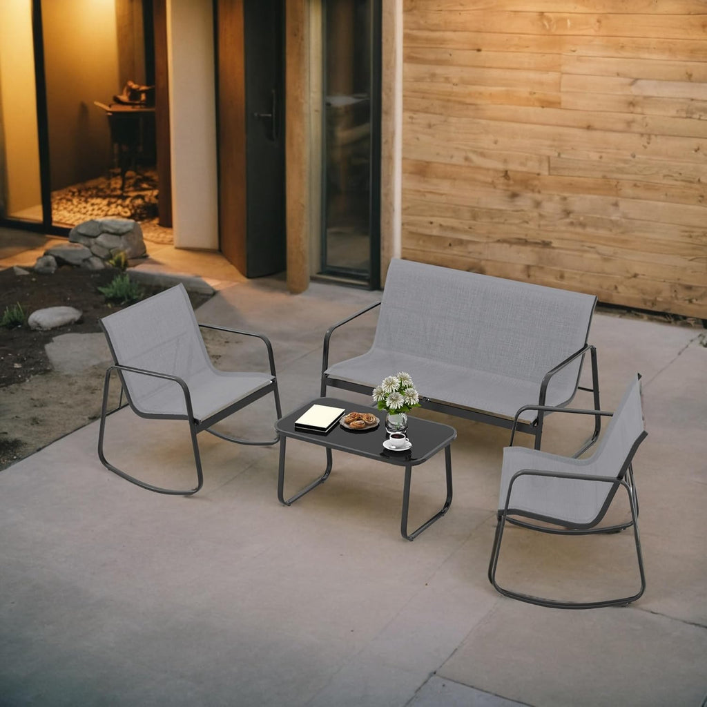 DWVO 4-Piece Patio Furniture Set, Textilene Conversation Set with 2 Rocking Chairs and Tempered Glass Coffee Table, Ideal for Indoor Patio Lawn Garden Poolside, Gray