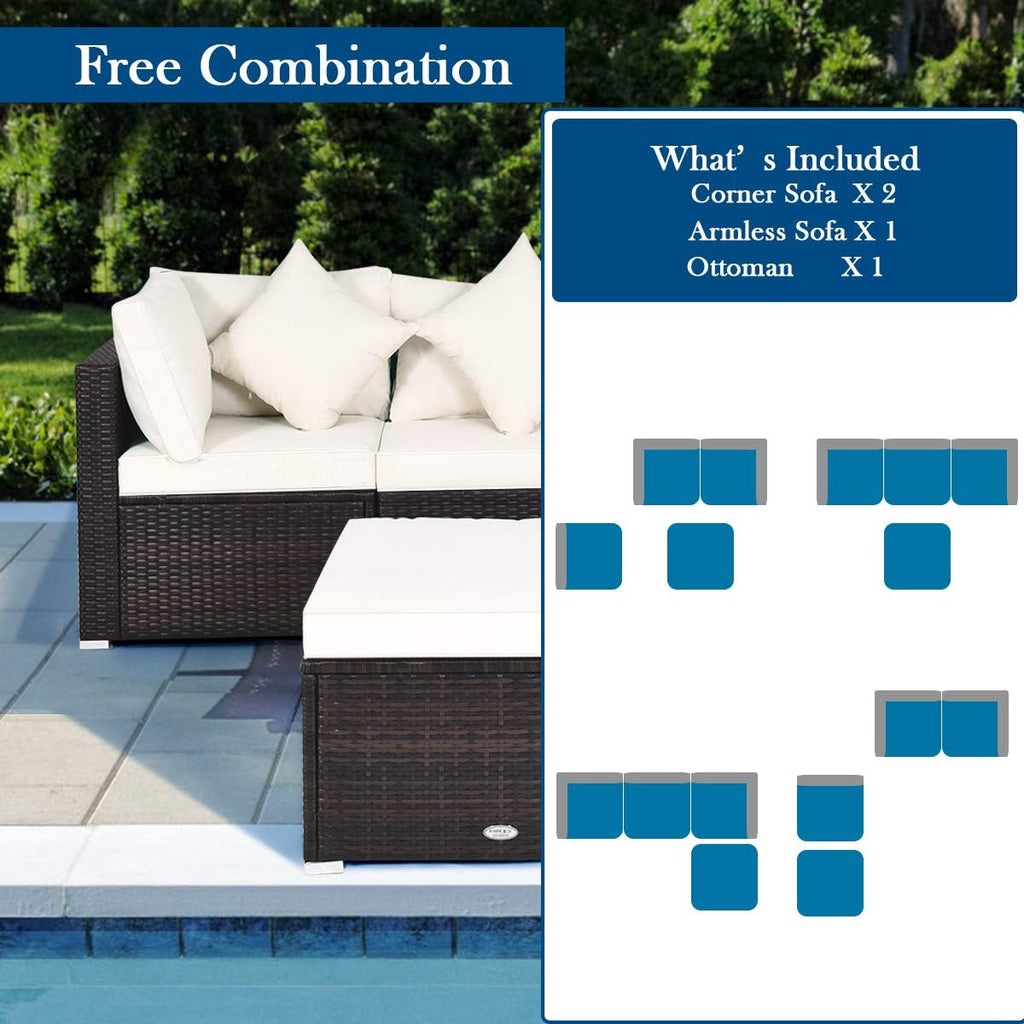 Tangkula 4 PCS Patio Rattan Sofa Set, Outdoor Wicker Sectional Furniture Set, Patio Conversation Set with Removable Cushions & Pillows for Backyard Porch Garden Poolside Balcony (White)